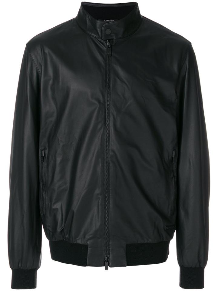 Z Zegna Leather Bomber Jacket - Black