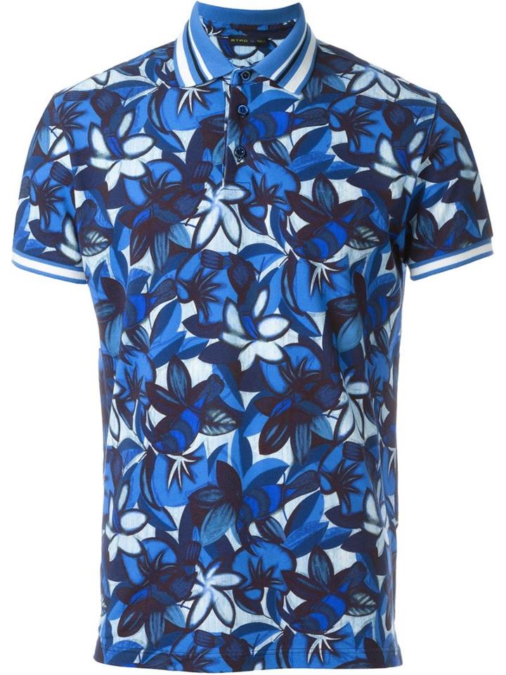 Etro Floral Print Polo Shirt, Men's, Size: Xl, Blue, Cotton