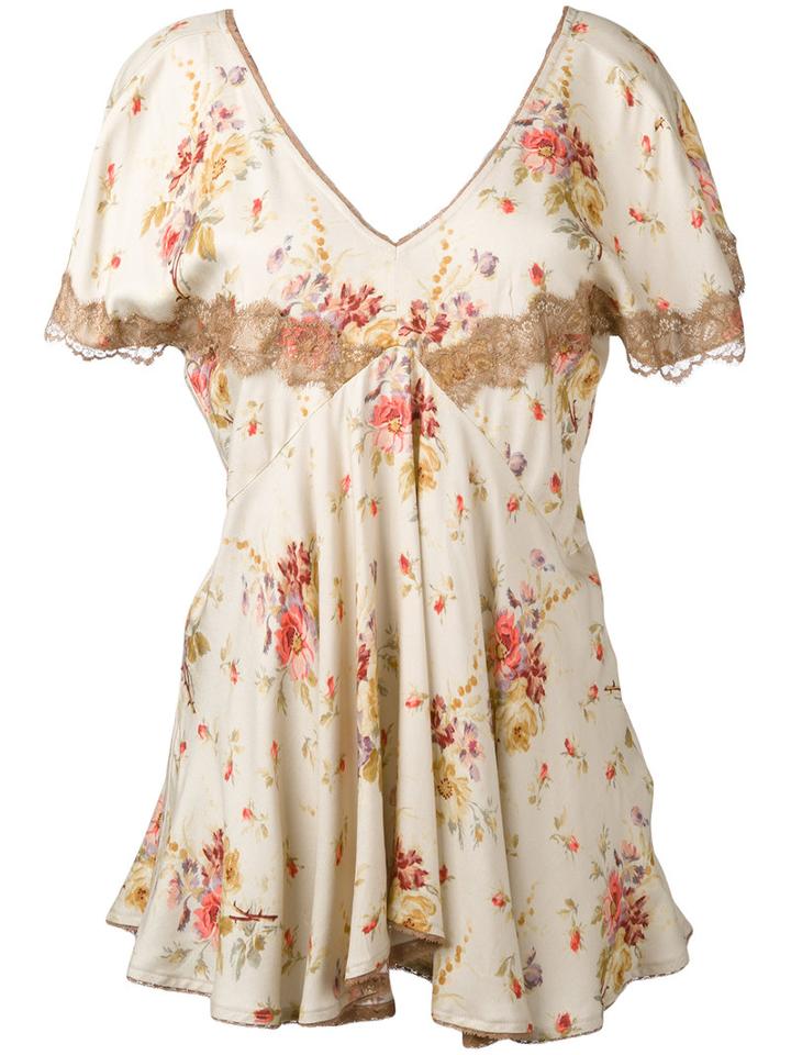 Twin-set - Floral Lace Trim Tea Top - Women - Viscose - 44, Nude/neutrals, Viscose