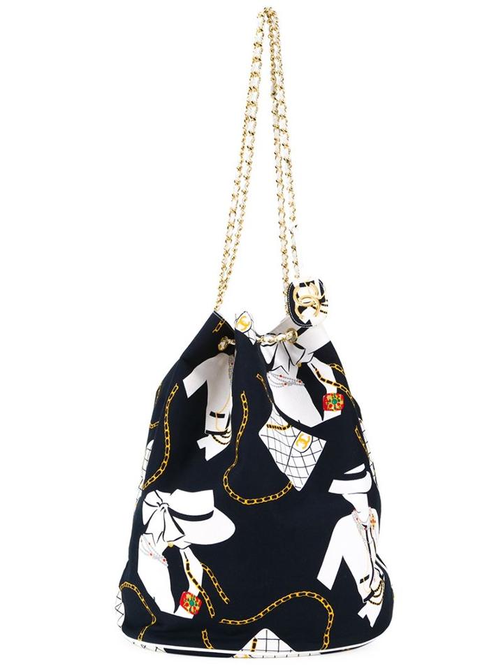 Chanel Vintage Jumbo Printed Bucket Shoulder Bag, Women's, Blue