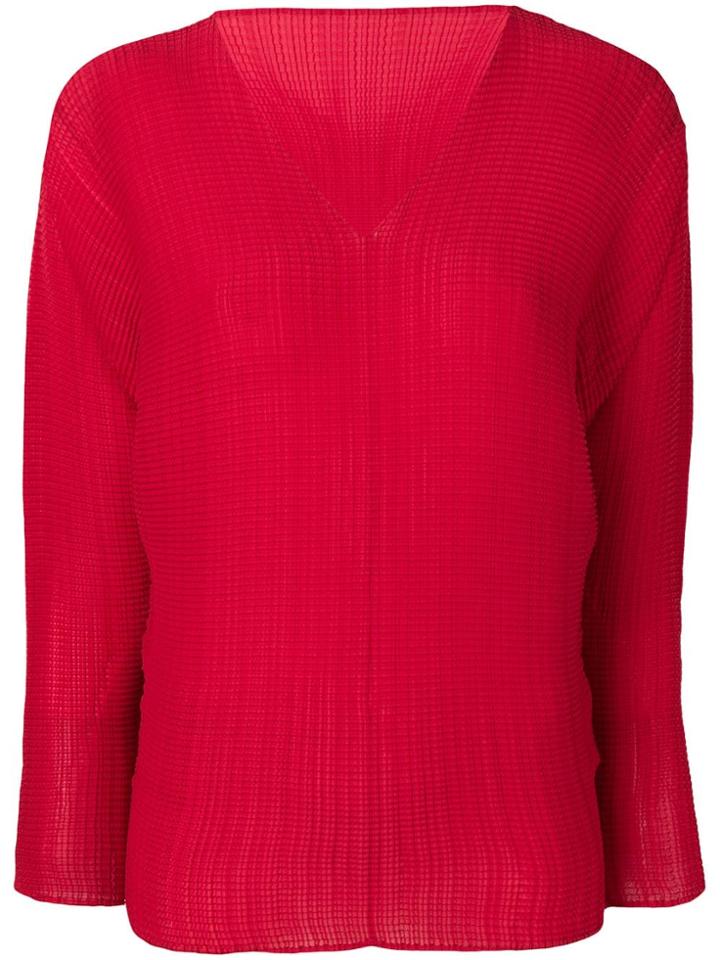 Issey Miyake Micro-pleated V-neck Top - Red