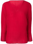 Issey Miyake Micro-pleated V-neck Top - Red