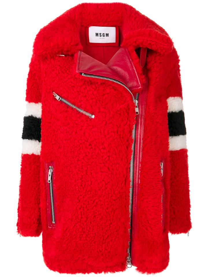 Msgm Side Zip Shearling Coat - Red