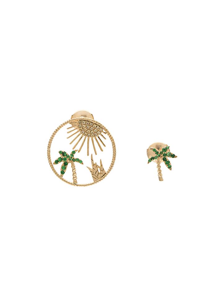 Yvonne Léon 18kt Gold Palm Tree Sun Earrings - Yellow & Orange