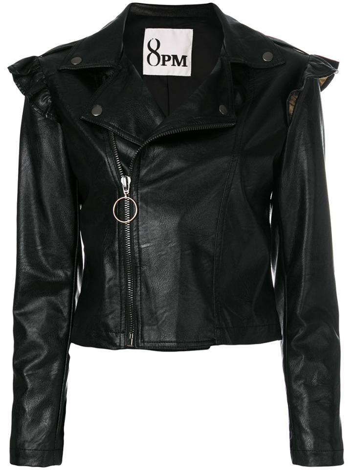 8pm Frill Trim Faux Leather Biker Jacket - Black
