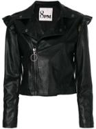 8pm Frill Trim Faux Leather Biker Jacket - Black