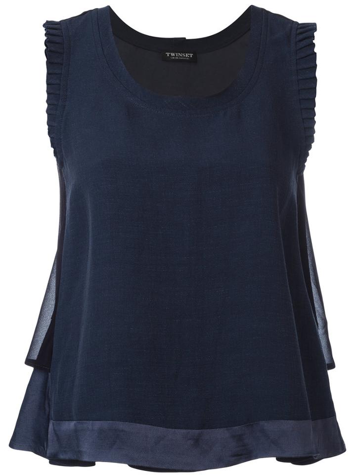 Twin-set - Frilled Sleeve Top - Women - Linen/flax/acetate/viscose - 44, Blue, Linen/flax/acetate/viscose