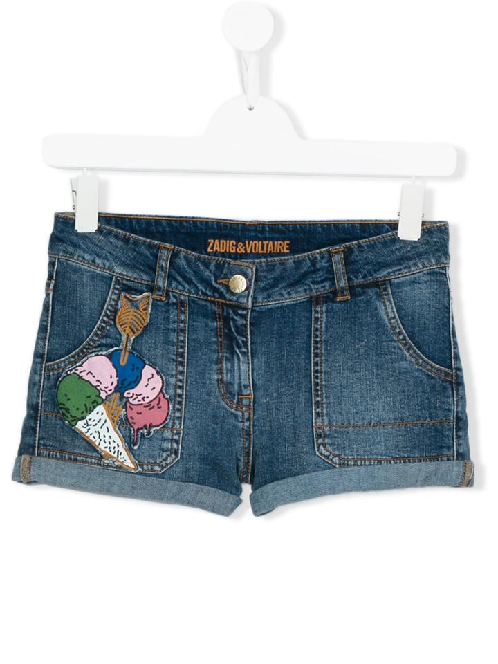 Zadig & Voltaire Kids Ice Cream Appliqué Denim Shorts, Girl's, Size: 16 Yrs, Blue