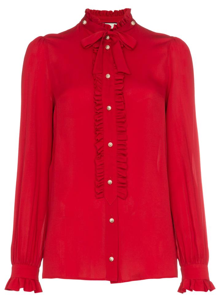 Gucci Silk Ruffle Front Blouse - Red