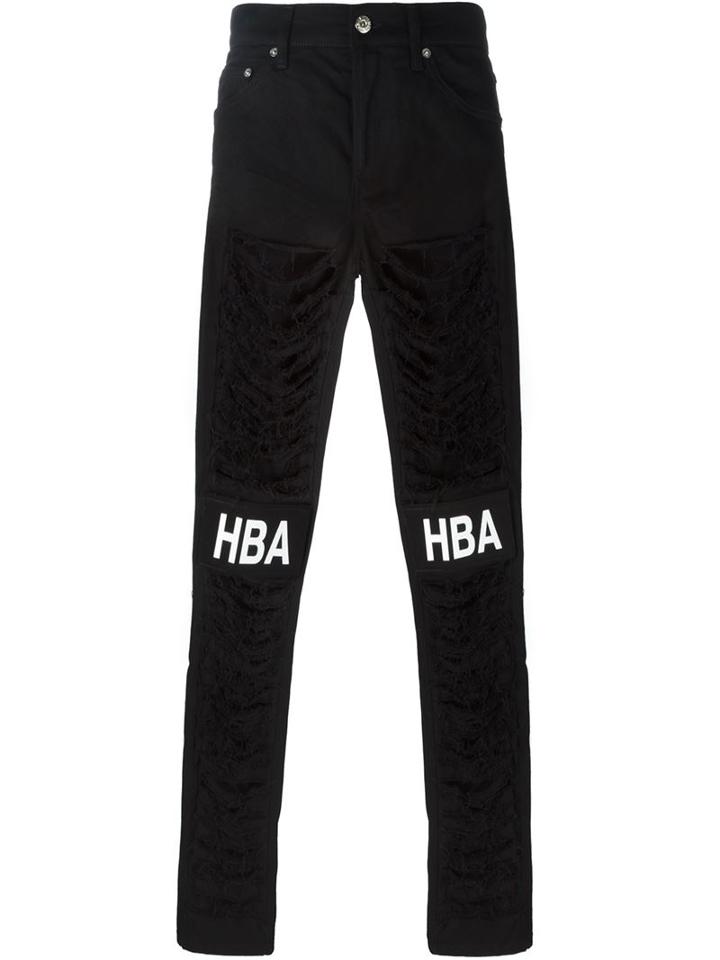Hood By Air Logo Print Ripped Jeans, Men's, Size: 30, Black, Cotton/spandex/elastane