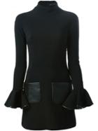 David Koma Flared Sleeve Dress, Women's, Size: 10, Black, Lamb Skin/polyester/spandex/elastane/virgin Wool