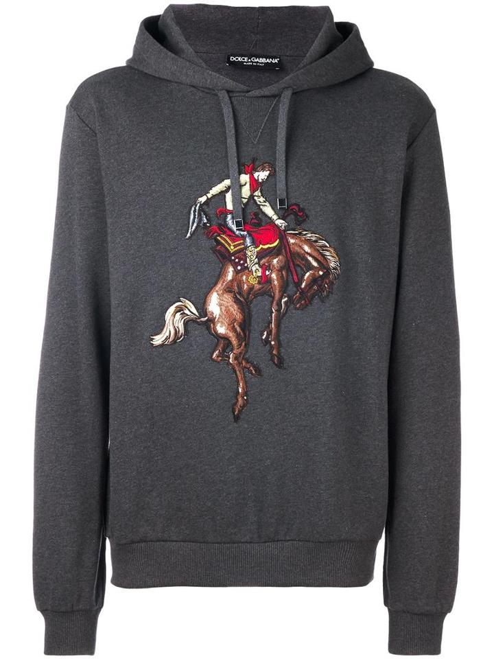 Dolce & Gabbana Cowboy Patch Hoodie, Men's, Size: 44, Grey, Cotton/polyester/viscose