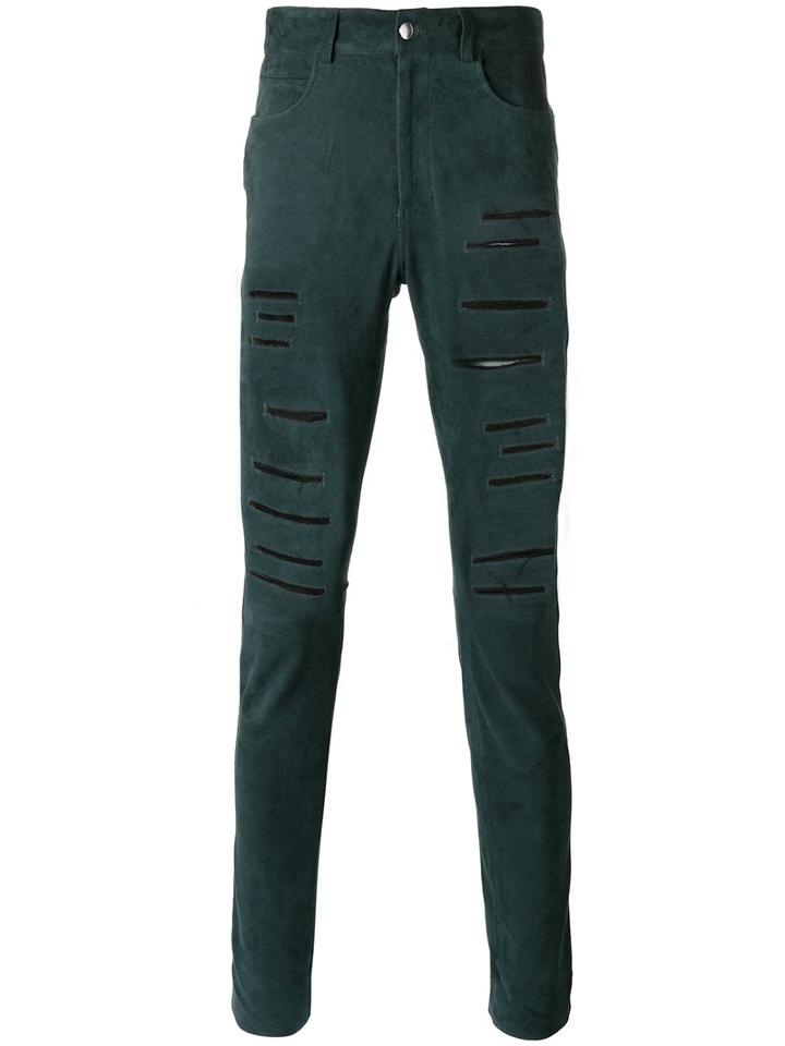 Giorgio Brato Ripped Leather Trousers, Men's, Size: 50, Green, Cotton/spandex/elastane/lamb Skin