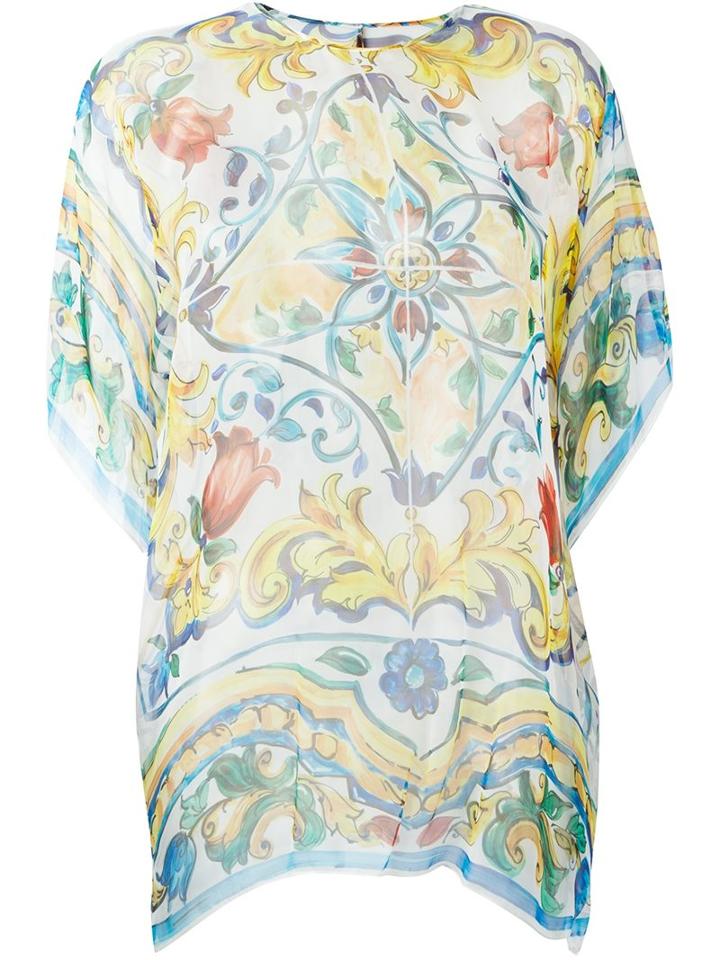 Dolce & Gabbana Majolica Print Sheer Top, Women's, Size: 40, Silk