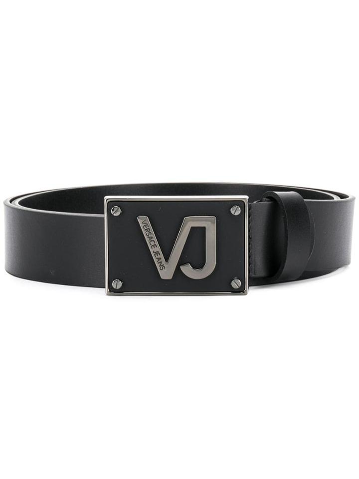 Versace Jeans Gunmetal Logo Plate Buckle Belt - Black