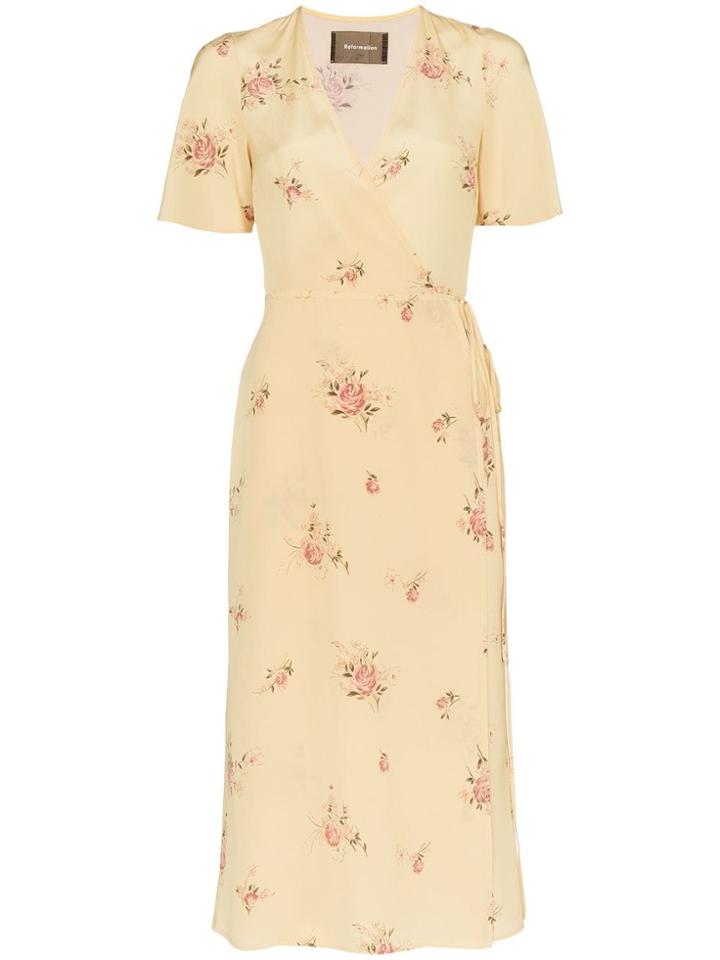 Reformation Jensen Short Sleeve Silk Dress - Yellow