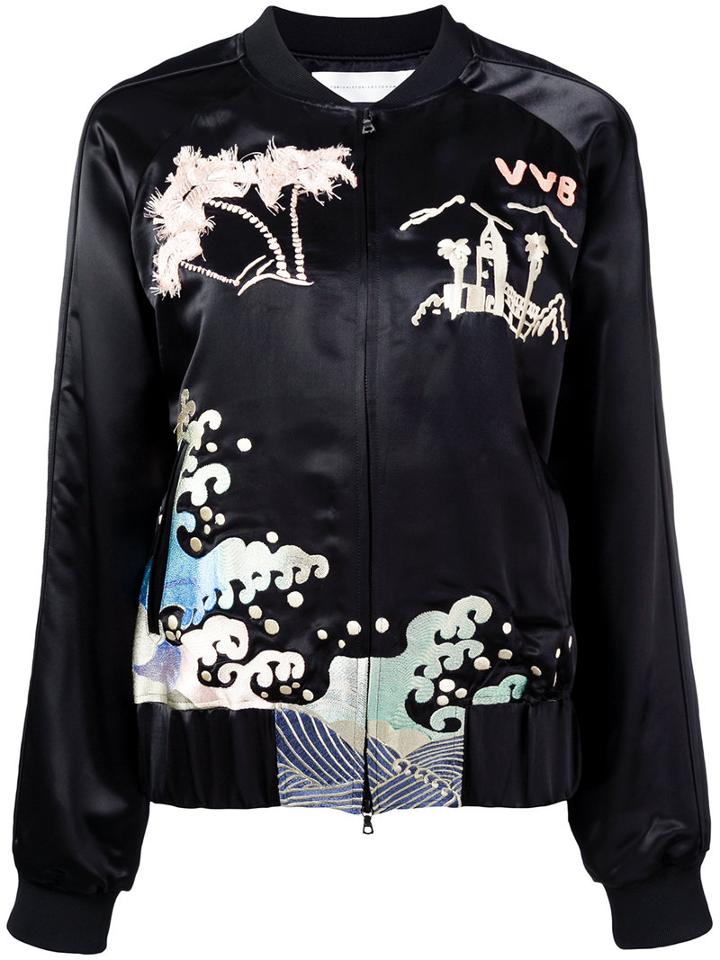 Victoria Victoria Beckham - Embroidered Bomber Jacket - Women - Silk/spandex/elastane/rayon/viscose - 12, Black, Silk/spandex/elastane/rayon/viscose
