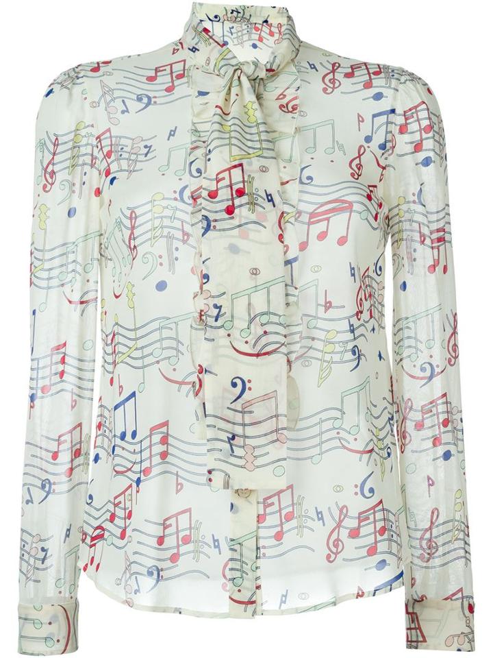 Red Valentino Music Print Pussy Bow Blouse, Women's, Size: 42, Nude/neutrals, Silk/elastodiene