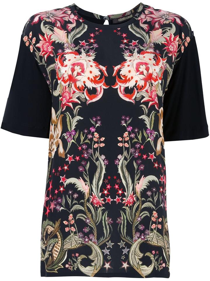 Roberto Cavalli Floral Print T-shirt, Women's, Size: 46, Black, Silk/viscose