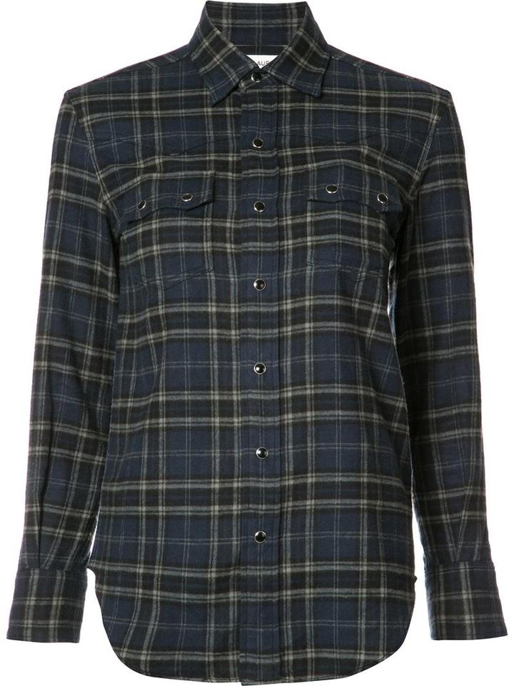 Saint Laurent Cutaway Collar Checked Shirt, Women's, Size: Medium, Blue, Cotton