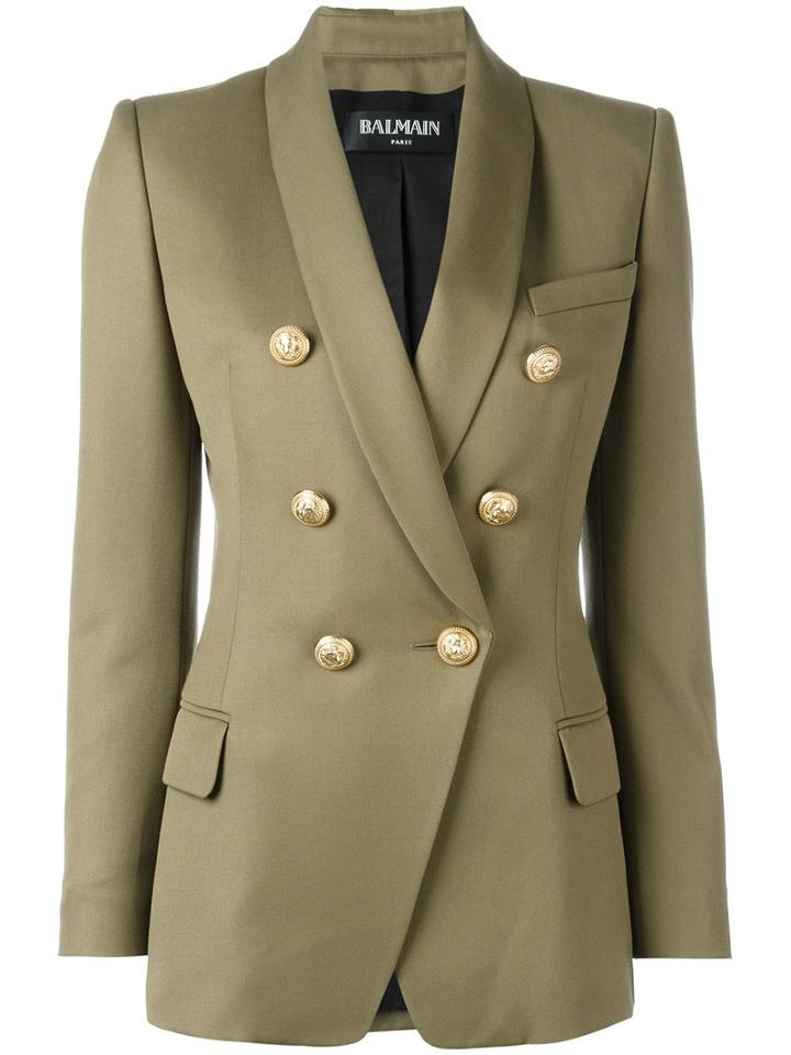 Balmain Double Breasted Blazer, Women's, Size: 46, Green, Cotton/viscose/wool