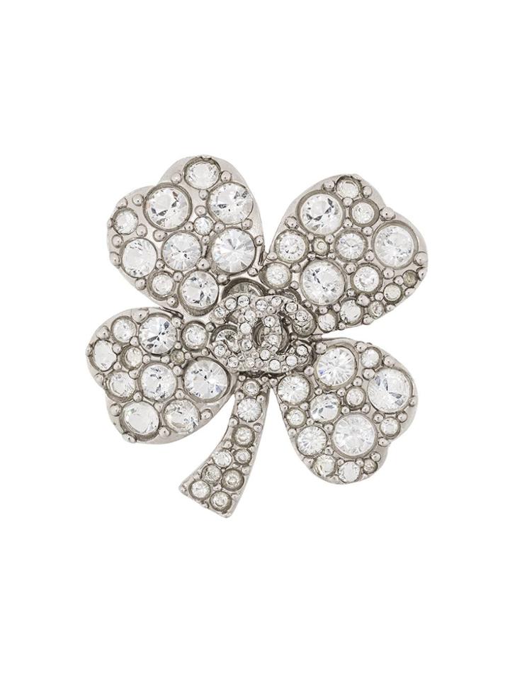 Chanel Vintage Rhinestone Four Leaf Clover Brooch - Silver
