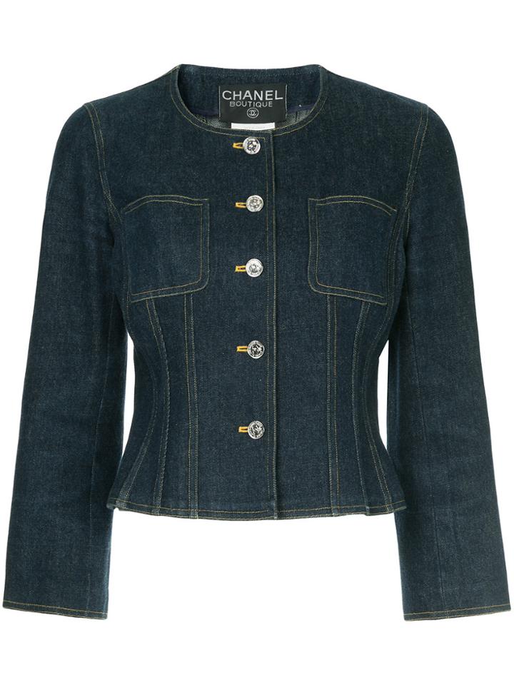 Chanel Vintage Collarless Denim Jacket - Blue