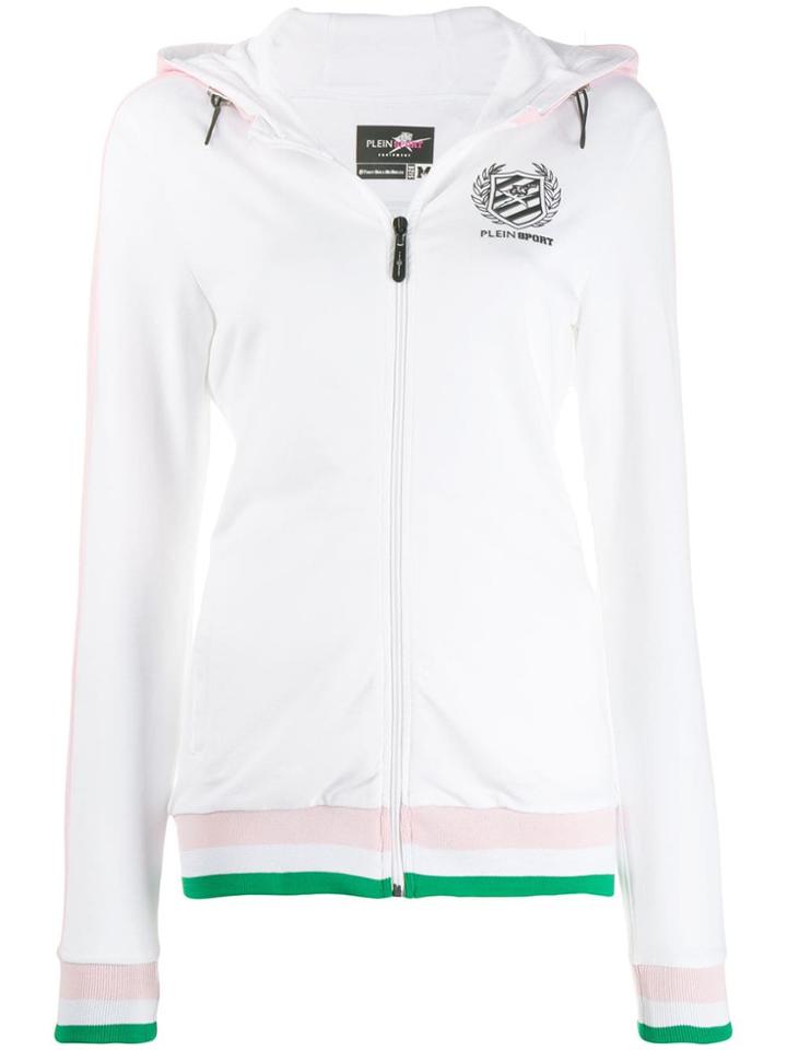 Plein Sport Striped Trim Zipped Hoodie - White