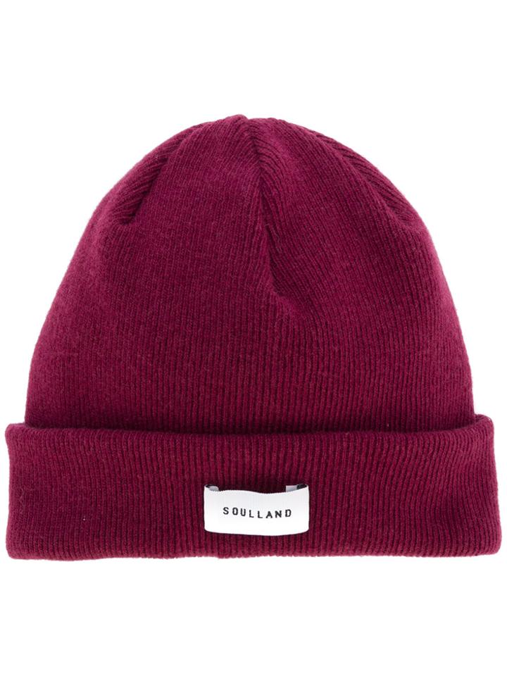 Soulland Ribbed Logo Beanie - Red