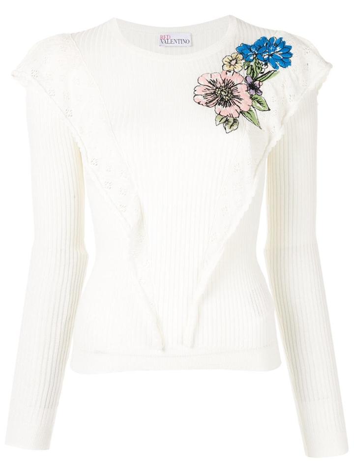 Red Valentino Floral Embroidery Ribbed Top - White