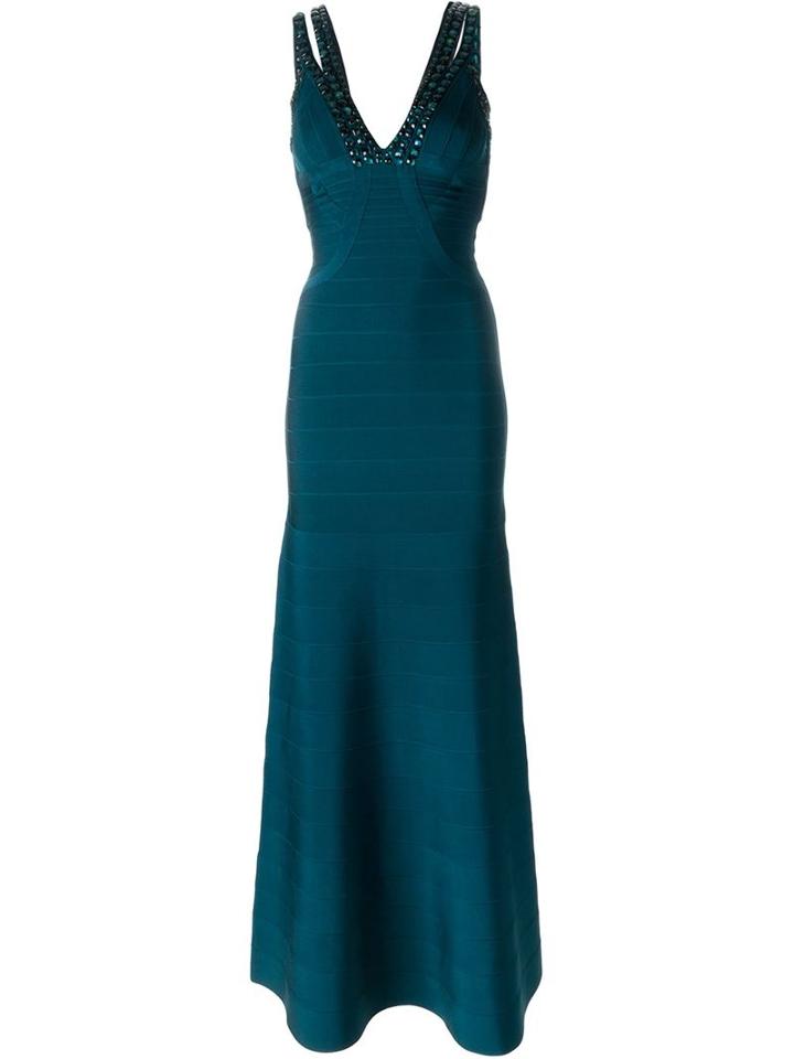 Hervé Léger Embellished V-neck Gown, Women's, Size: Medium, Blue, Nylon/spandex/elastane/rayon