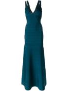 Hervé Léger Embellished V-neck Gown, Women's, Size: Medium, Blue, Nylon/spandex/elastane/rayon