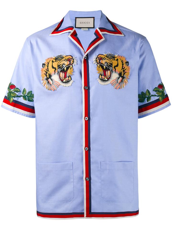 Gucci Tiger Embroidered Bowling Shirt - Blue
