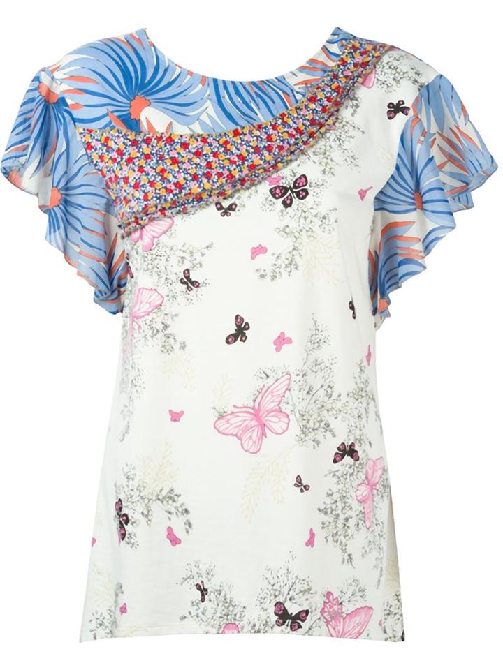Tsumori Chisato Ruffle Sleeve Printed Blouse, Women's, Size: 2, Nude/neutrals, Cotton/rayon
