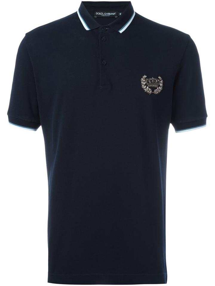 Dolce & Gabbana Embroidered Crown Polo Shirt, Men's, Size: 46, Blue, Cotton/polyester/metallic Fibre/copper