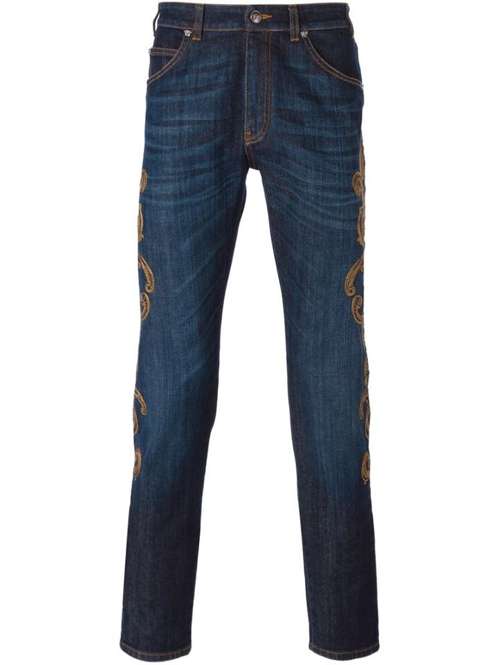 Versace Embroidered Jeans, Men's, Size: 30, Blue, Cotton/polyester/spandex/elastane
