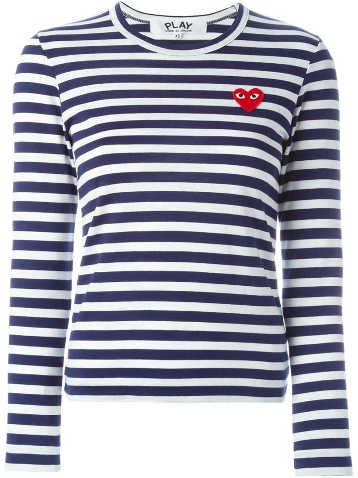 Comme Des Garçons Play Embroidered Heart Striped T-shirt, Women's, Size: Small, White, Cotton