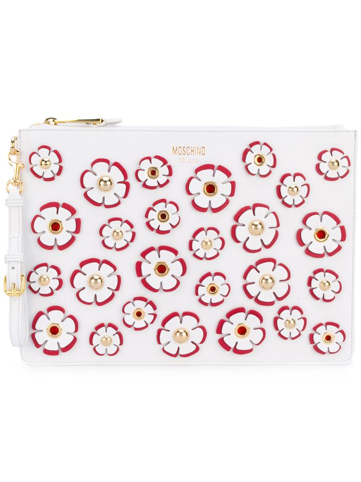 Moschino - Floral Embroidered Clutch - Women - Vinyl/cotton/leather - One Size, White, Vinyl/cotton/leather