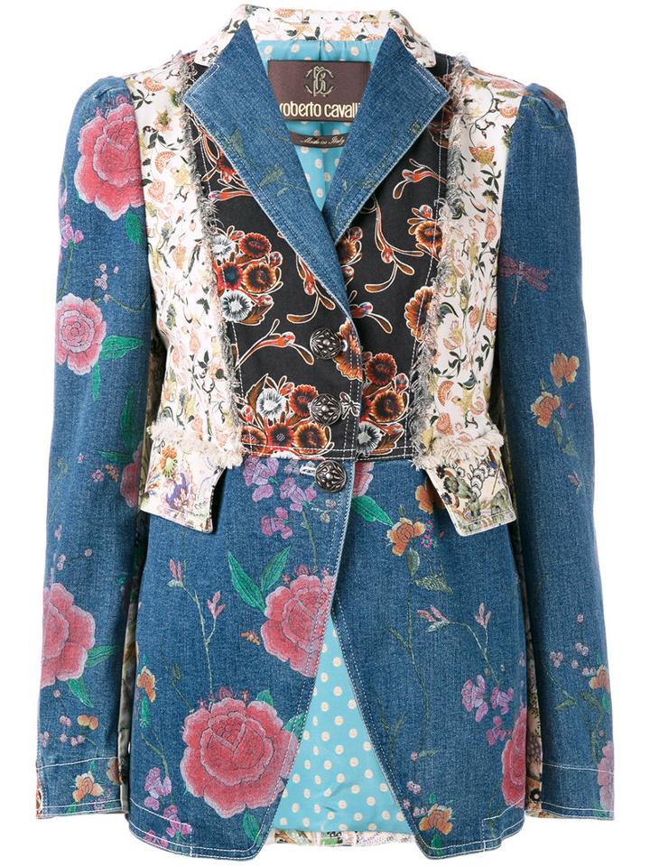 Roberto Cavalli - Floral Patch Fitted Jacket - Women - Cotton/spandex/elastane/silk - 42, Blue, Cotton/spandex/elastane/silk