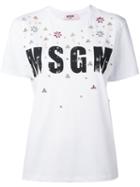 Msgm - Beads Embellished Logo T-shirt - Women - Cotton - Xs, White, Cotton