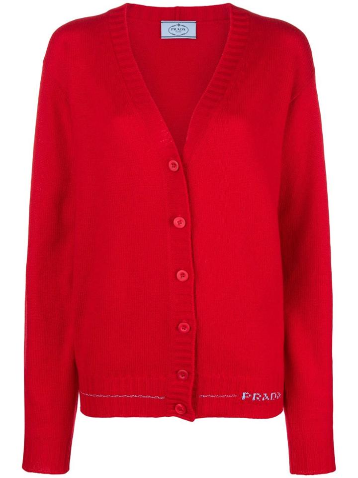 Prada Cashmere Logo Knit Cardigan - Red