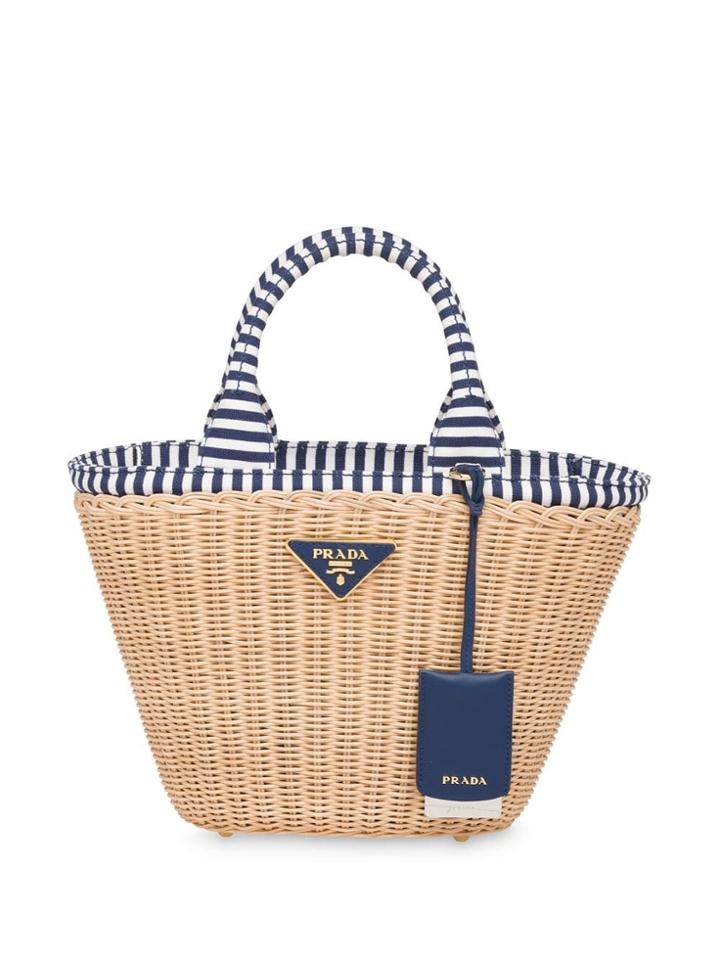 Prada Wicker And Canvas Handbag - Neutrals