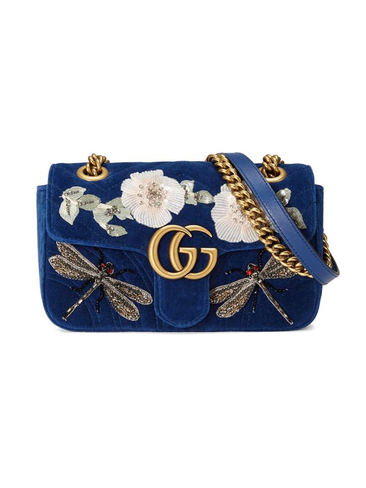 Gucci Gg Marmont Embroidered Velvet Mini Bag - Blue