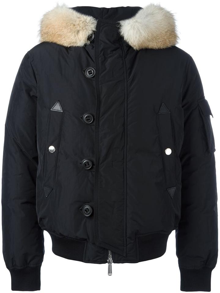 Dsquared2 Padded Fur Trim Bomber Jacket, Men's, Size: 50, Black, Polyester/coyote Fur/feather Down