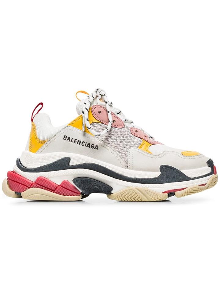 Balenciaga White, Pink And Yellow Triple S Leather Sneakers