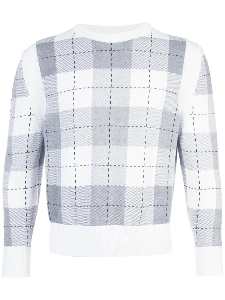 Thom Browne Classic Crewneck Pullover With Large Plaid Intarsia In