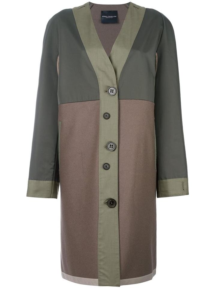 Erika Cavallini V-neck Coat, Women's, Size: 42, Green, Virgin Wool/polyamide/polyester/cotton