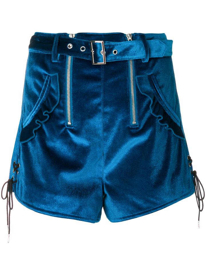 Self-portrait Velvet High Waist Shorts - Blue