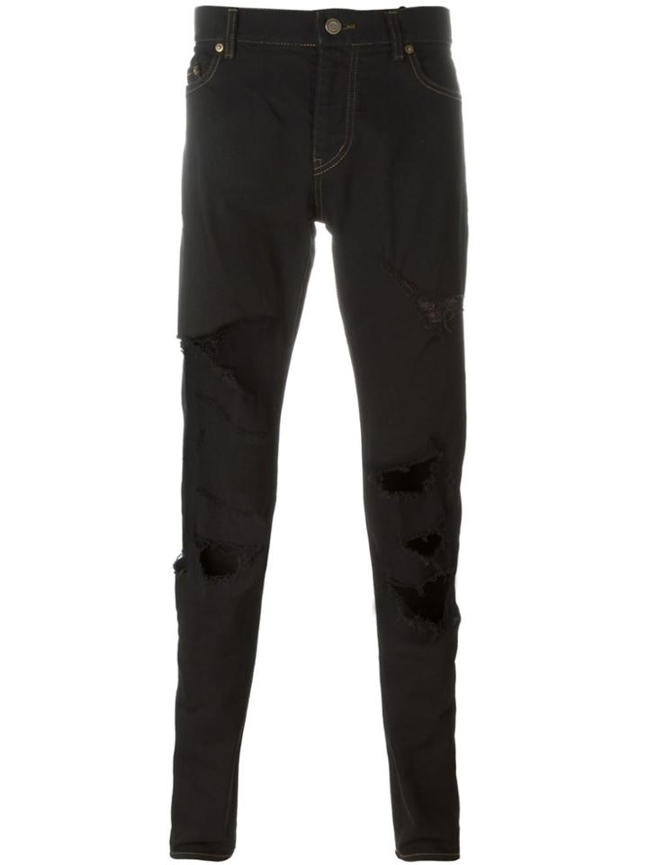 Saint Laurent Ripped Slim Fit Jeans - Black