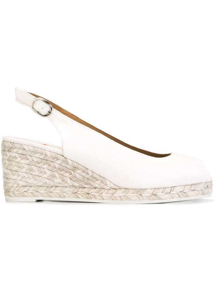 Castañer Wedged Slingback Peep Toe Sandals, Women's, Size: 40, White, Leather/cotton/rubber